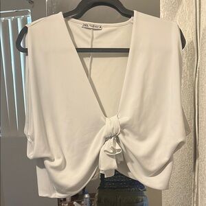 Zara White Crop Tie-Front Blouse